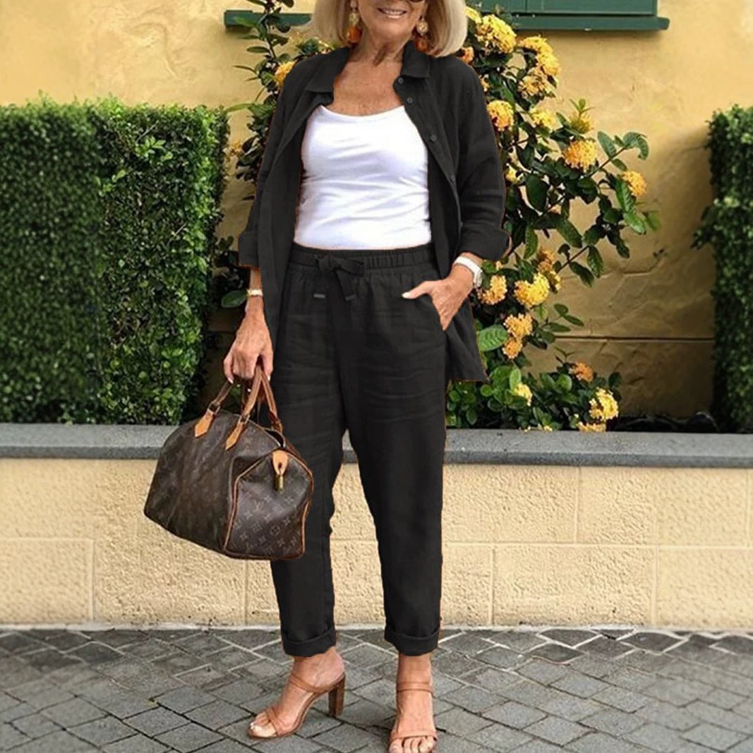 Women's Solid Relaxed Two Piece Pants Set Long Sleeve Top
