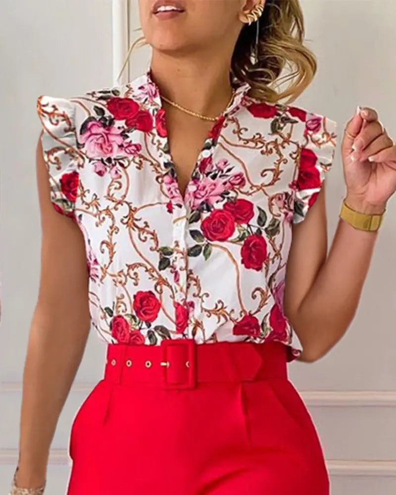 Floral Ruffle Sleeve Top & Belted Pants Two Piece Set