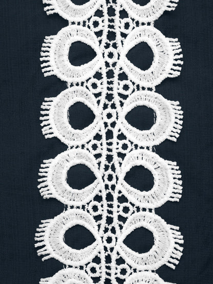 Navy Crochet Lace Long Sleeve Button Up Blouse