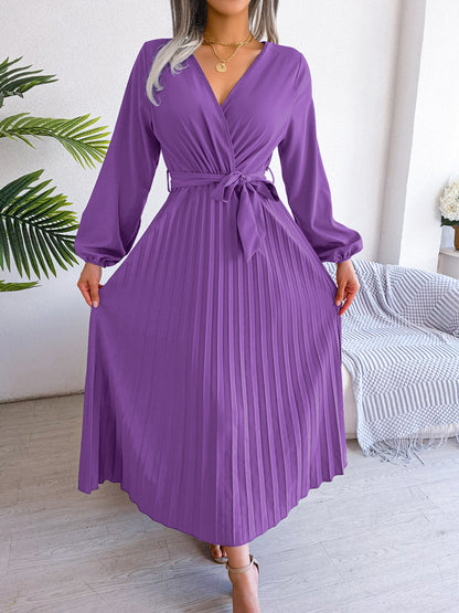 Women's Temperament Cross V-neck Pendulum Pleated Dress