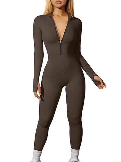 Women's Ribbed Zip Front Long Sleeve Workout Jumpsuit