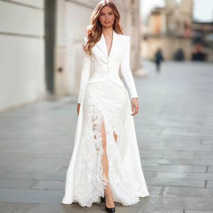 Women's Blazer Lace Maxi Skirt Two Piece Set