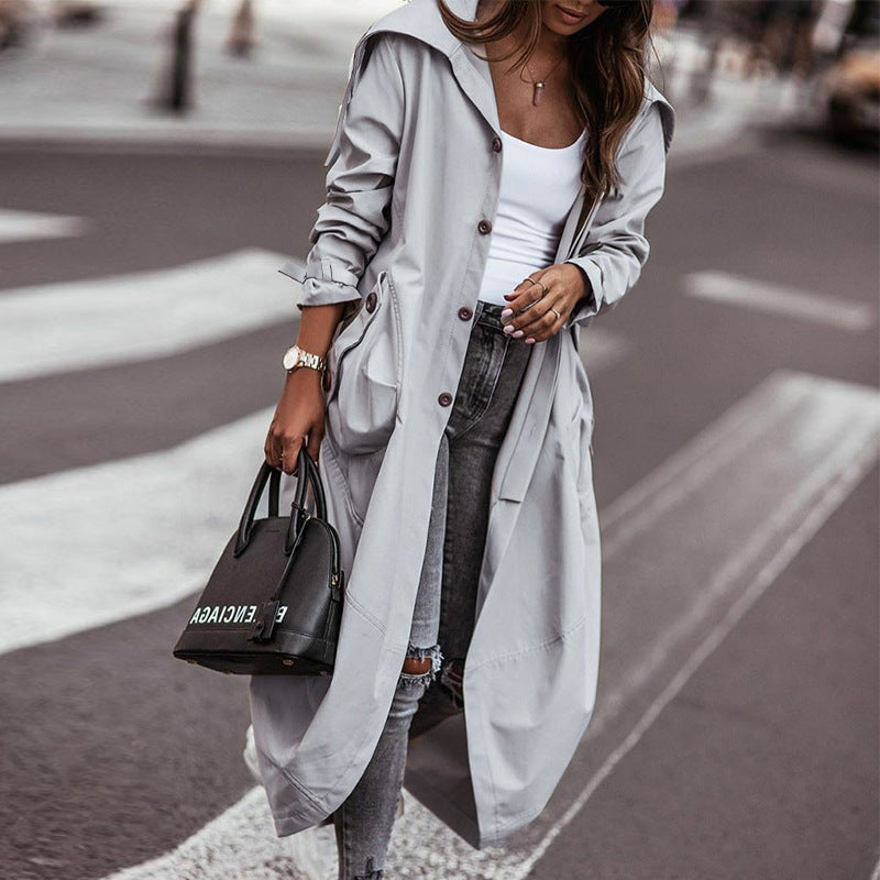 Women's Wide Lapel Single Breasted Long Trench Coat