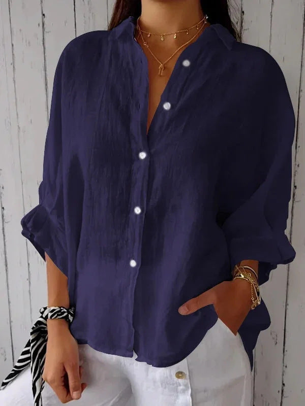 Cotton Linen Tie Back Button Down Shirt Long Sleeve
