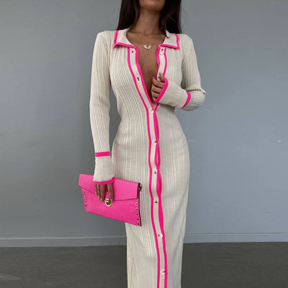 Colorblock Ribbed Button Front Maxi Dress