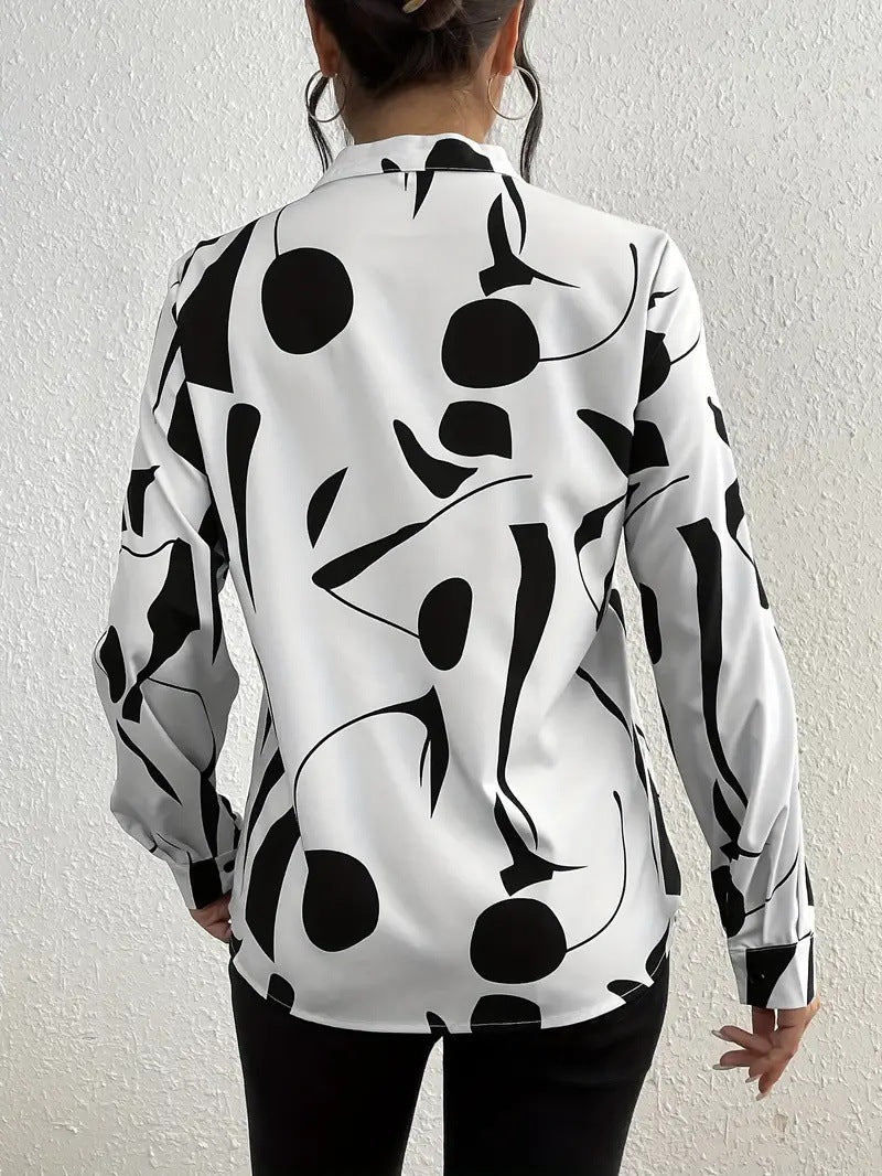 Women's Geometric V Neck Long Sleeve Casual Loose Blouse