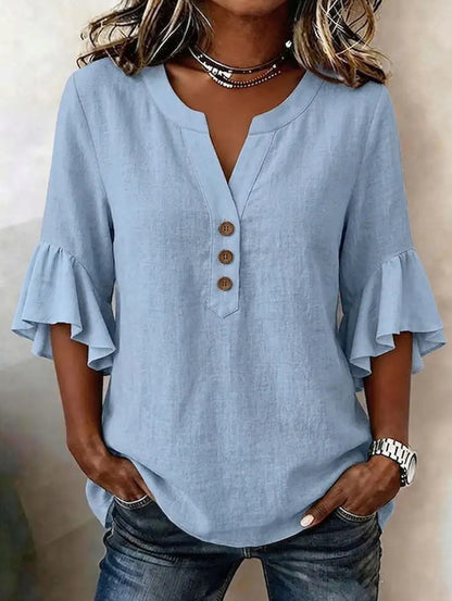 Cotton Linen Blouse V Neck Ruffle Sleeve Women's Top