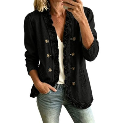 Women's Ruffle Button Down Denim Jacket Long Sleeve Casual