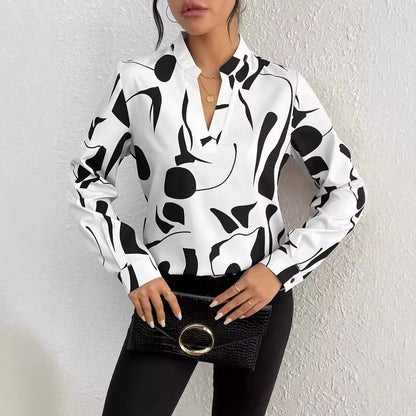 Women's Geometric V Neck Long Sleeve Casual Loose Blouse
