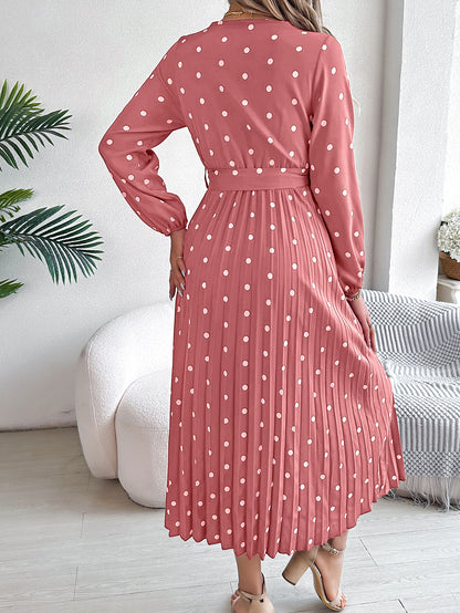 Elegant Polka Dot Cross-Over V-Neck Pleated Midi Dress