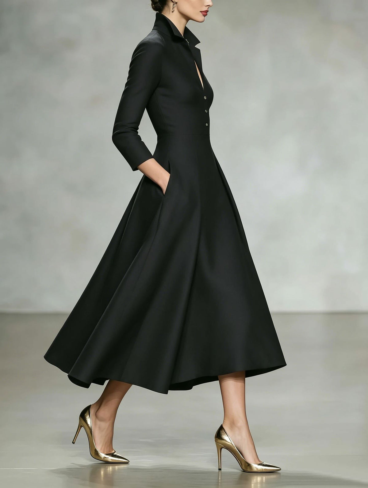 Women's Collared V Neck Long Sleeve Midi Shirt Dress