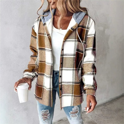 Women's Hooded Plaid Shacket Jacket