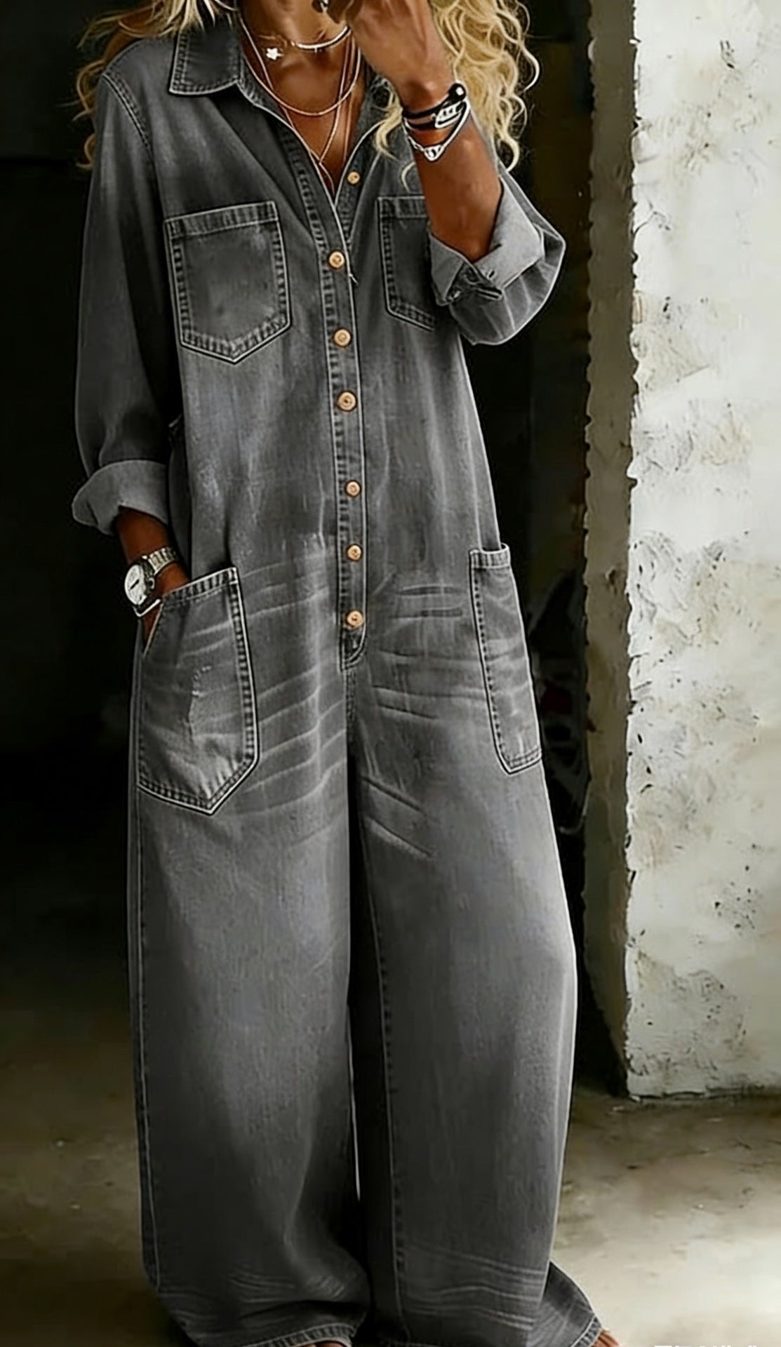 Women's Denim Maxi Shirt Dress Long Sleeve Button Front