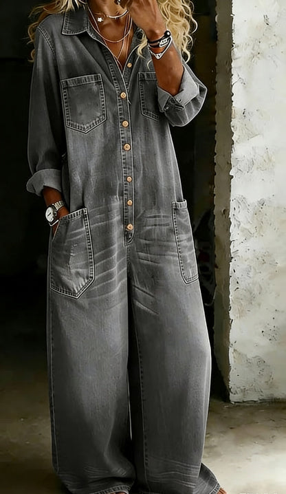Women's Denim Maxi Shirt Dress Long Sleeve Button Front