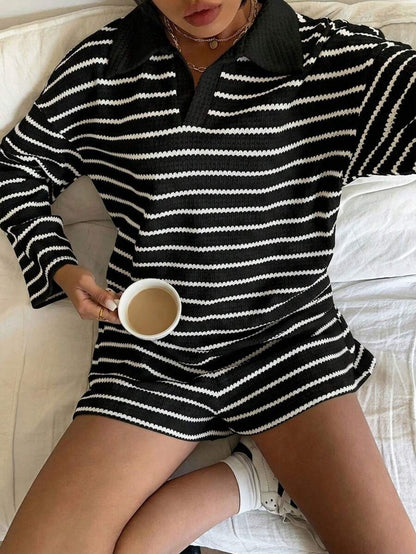 Striped Polo Lounge Set Long Sleeve Top & Shorts Set
