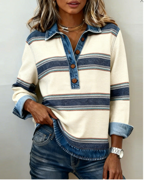 Women's Striped Waffle Knit Denim Collar Long Sleeve Top