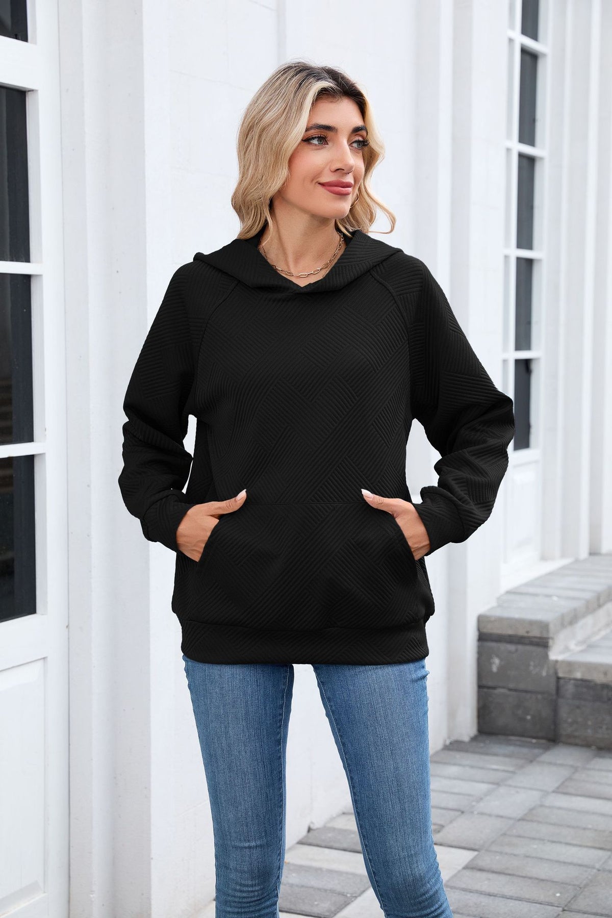 Women's Oversized Textured Hoodie Pullover with Pocket