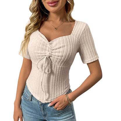 Pleated Drawstring Sexy Short-Sleeve Top