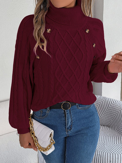 2025 Fall Winter Buttoned Cable Knit Turtleneck Sweater