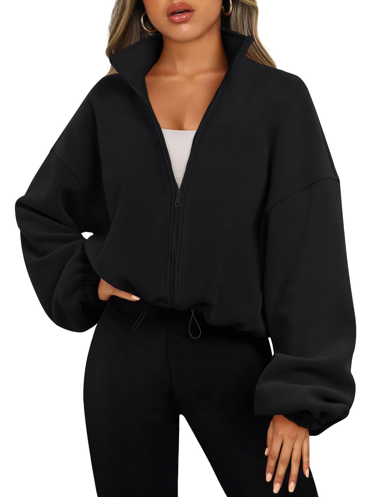 Women's Oversized Stand Collar Zip Up Fleece Jacket