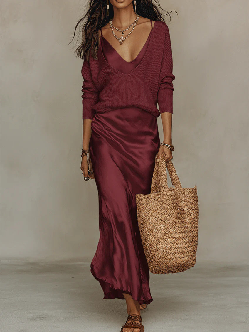 Women's Two Piece Satin Dress and Knit Top Set