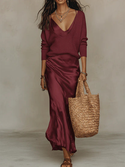 Women's Two Piece Satin Dress and Knit Top Set