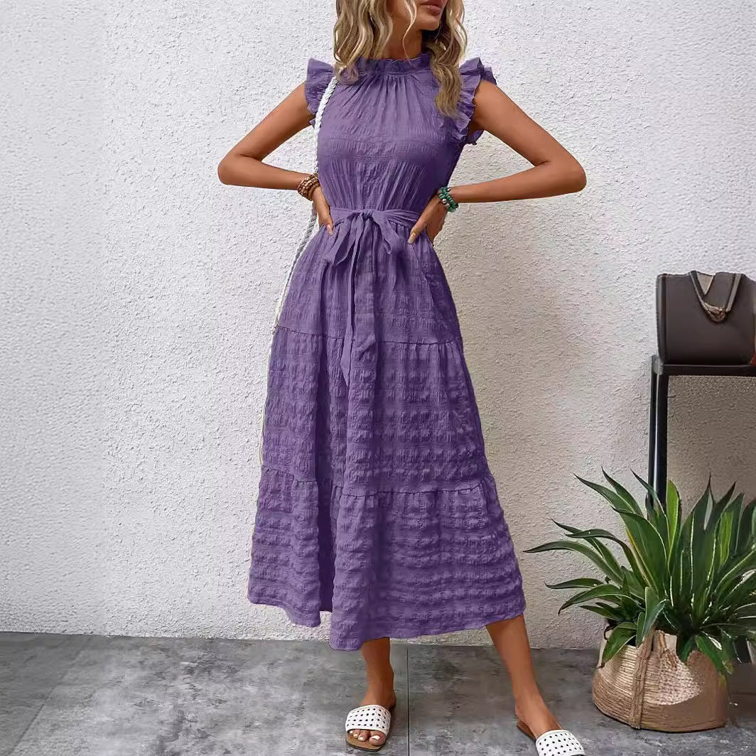 Lace-Up Textured Dress with Ruffled Sleeves