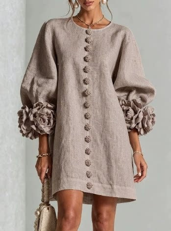 Elegant Floral Applique Balloon Sleeve A-Line Mini Dress
