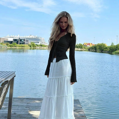 Black Sheer Floral Bell Sleeve Tie Front Crop Top