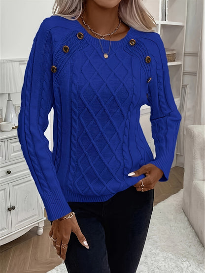 Women's Oversized Cable Knit Button Crew Neck Sweater