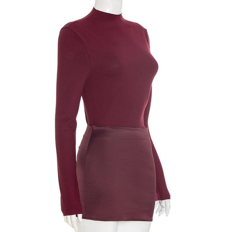 Long Sleeve Crew Neck Bodycon Mini Dress Satin Panel