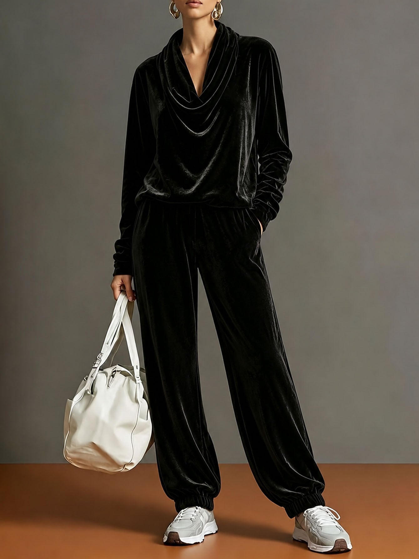 Women's Velvet Cowl Neck 2 Piece Lounge Set