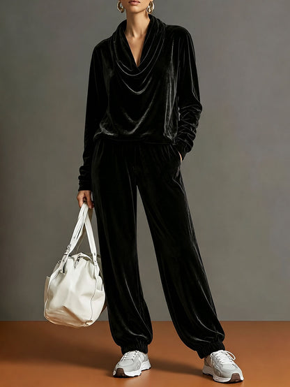 Women's Velvet Cowl Neck 2 Piece Lounge Set