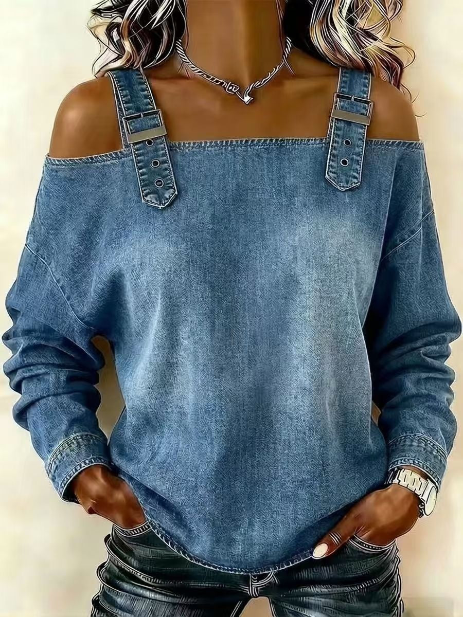 Women's Off Shoulder Denim Buckle Strap Long Sleeve Top