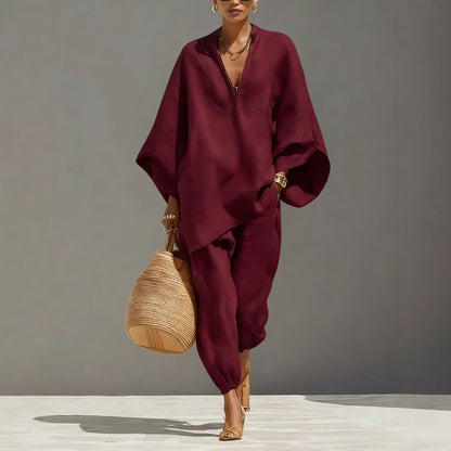 Women's Linen Blend Batwing V-Neck Two Piece Set
