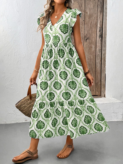 Boho Geometric Print Flutter Sleeve Midi Dress