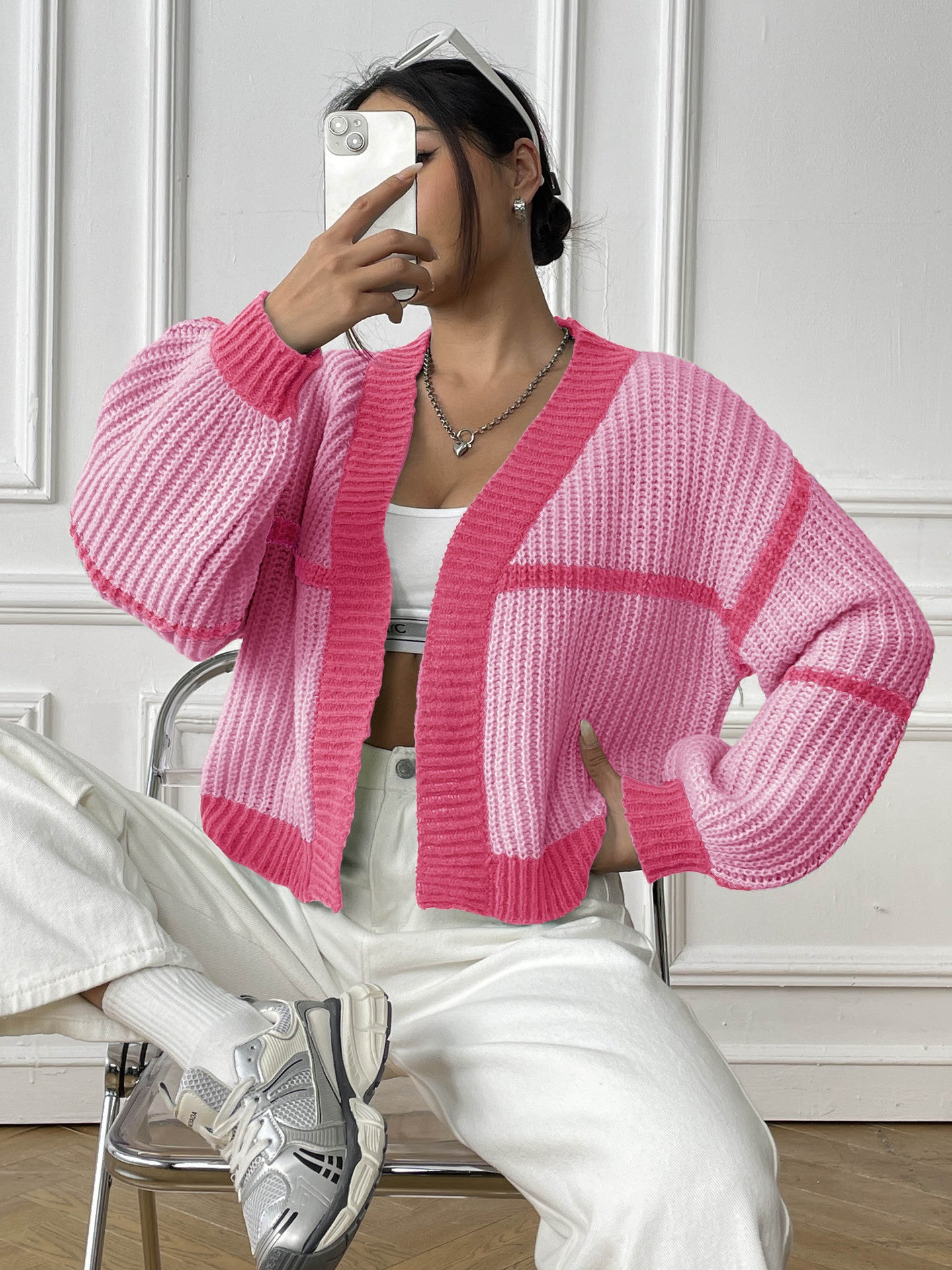 Color Block Cardigan Sweater with Loose Fit for Fall
