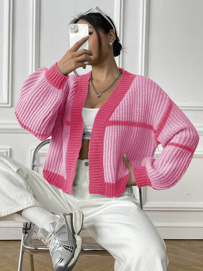 Color Block Cardigan Sweater with Loose Fit for Fall