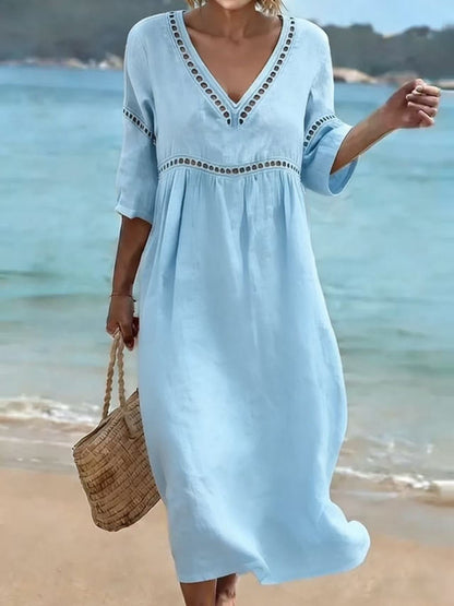 Women's V-Neck Eyelet Midi Dress Flowy 3/4 Sleeve