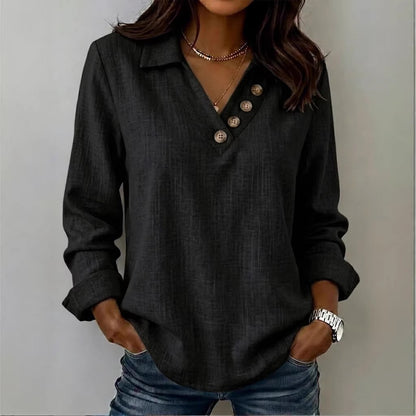 Women's Collared V-Neck Button Long Sleeve Casual Blouse