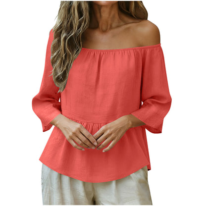 Linen Off Shoulder Blouse Relaxed Fit Boho Top
