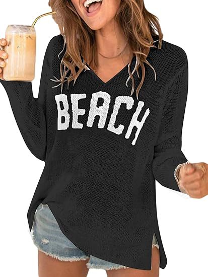 Women's V-Neck Letter Print Lightweight Knit Sweater