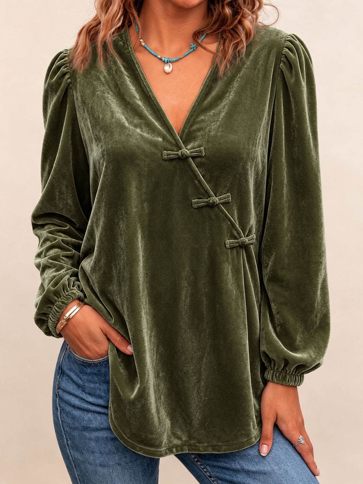 Women's Velvet V-Neck Puff Sleeve Boho Loose Top