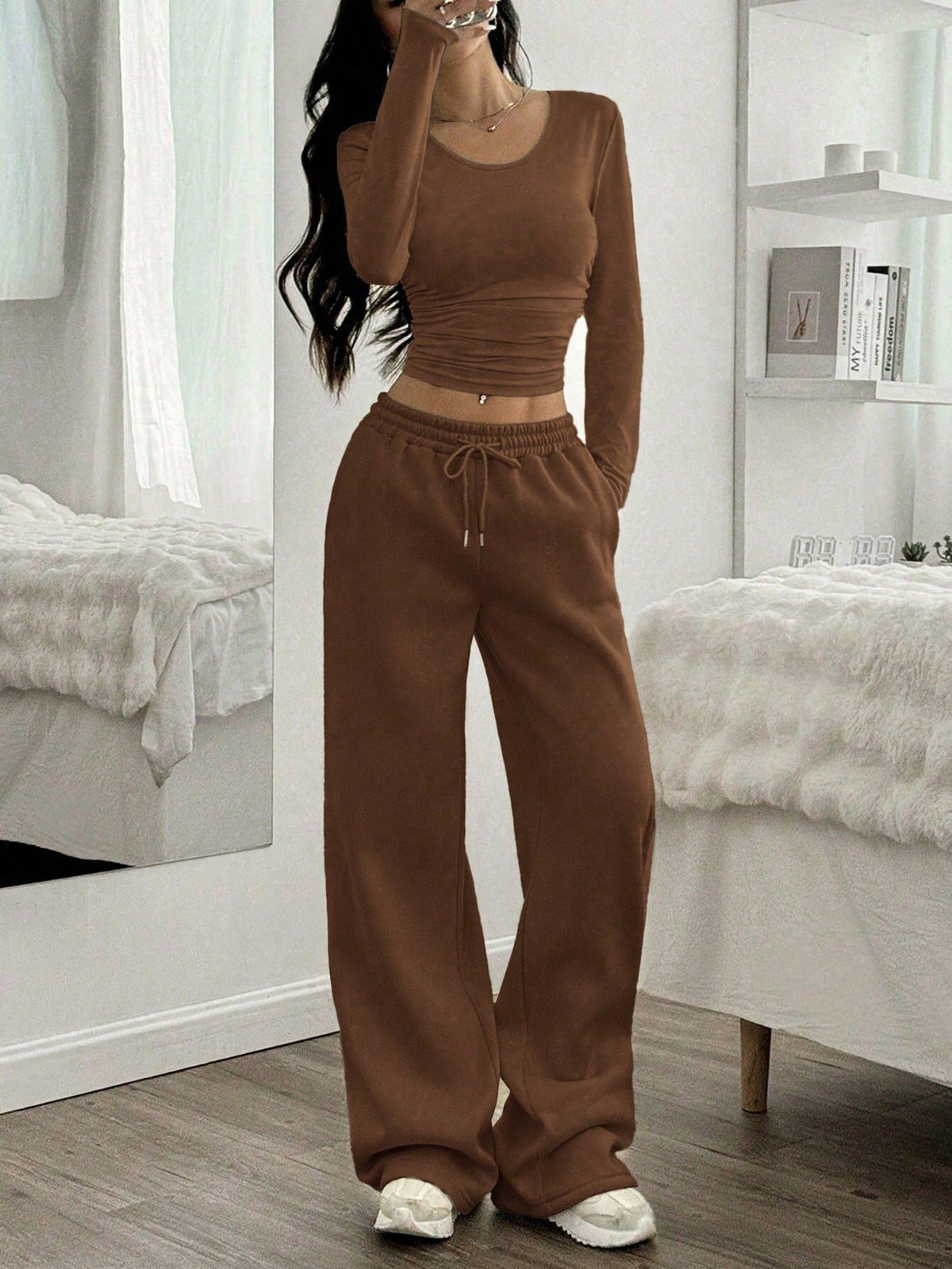 Women's Two Piece Long Sleeve Crop Top Wide Leg Pants Set