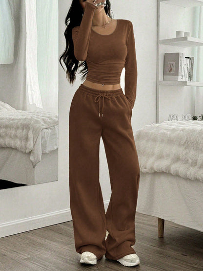 Women's Two Piece Long Sleeve Crop Top Wide Leg Pants Set