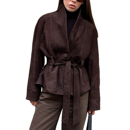 Women Faux Suede Belted Jacket Long Sleeve Vintage