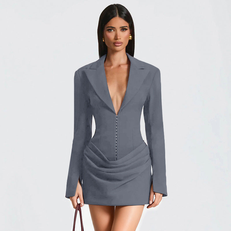 Women's Deep V Blazer Ruched Bodycon Mini Dress