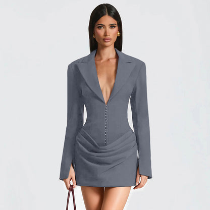 Women's Deep V Blazer Ruched Bodycon Mini Dress