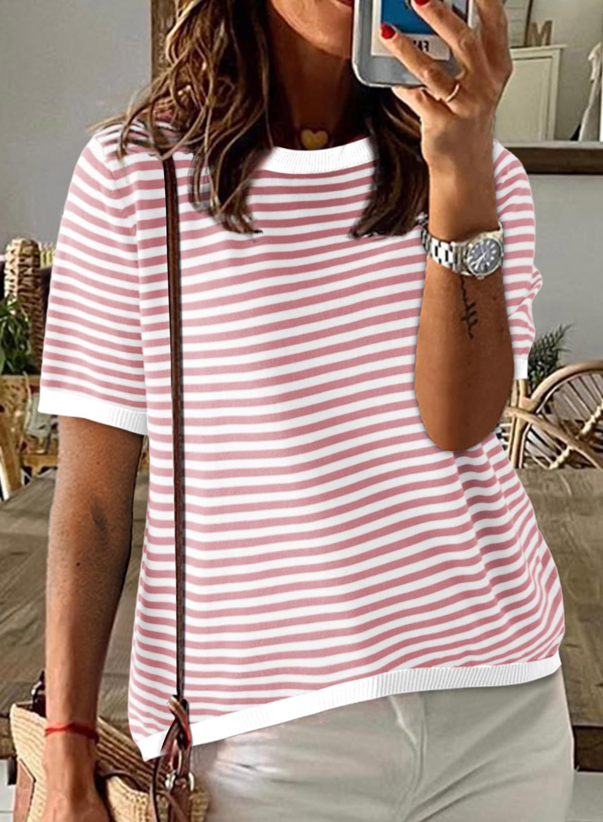 Red Stripe Contrast Trim Short Sleeve Knit Tee