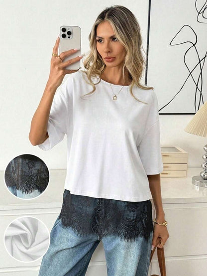 Solid Lace Trim T Shirt Loose Fit Round Neck Top